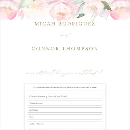 This is a spring digital wedding address collection cards by Phrosné Barwood called beautiful peonies printing on digital paper in standard