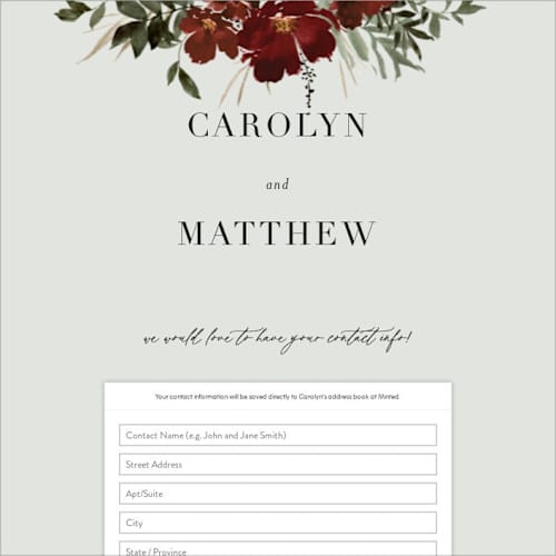 This is a cabernet digital wedding address collection cards by Everett Paper Goods called harvest printing on digital paper in standard