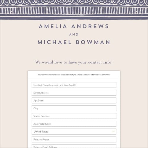 This is a twilight digital wedding address collection cards by Katharine Watson called block print frame printing on digital paper in standard