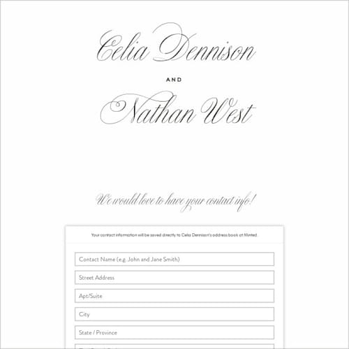 This is a classic digital wedding address collection cards by Olivia Kanaley Inman called stacked script printing on digital paper in standard