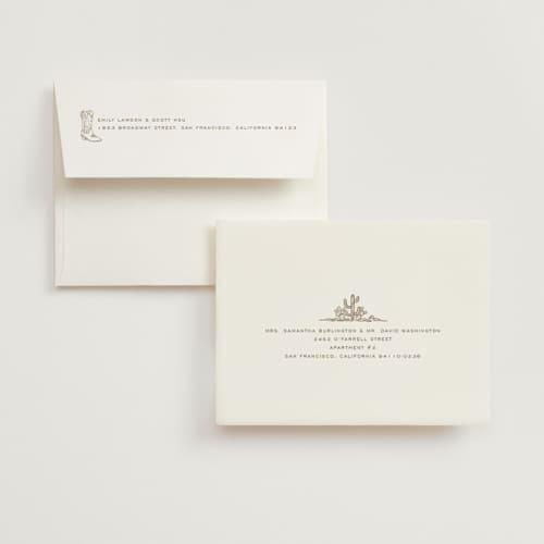 This is a sand wedding thank you cards with standard by Cindy Reynolds called boots, beers, and bubbly printing on strathmore in standard