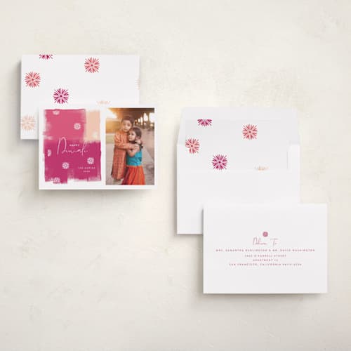 This is a fuchsia diwali cards with standard by Nazia Hyder called diwali splash printing on recycled smooth signature in standard