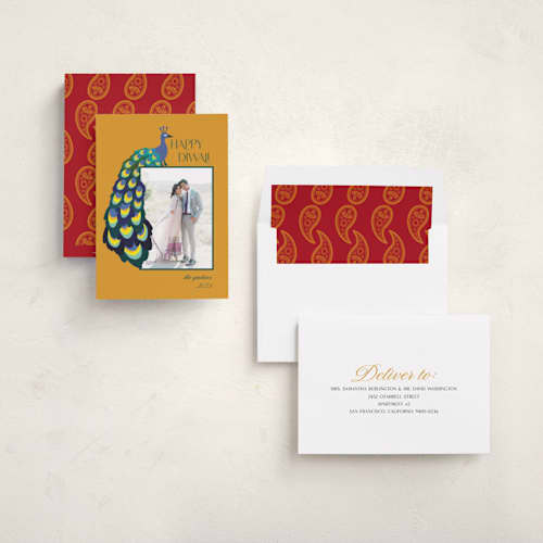 This is a turmeric diwali cards with standard by Morgan Kendall called peacock printing on recycled smooth signature in standard