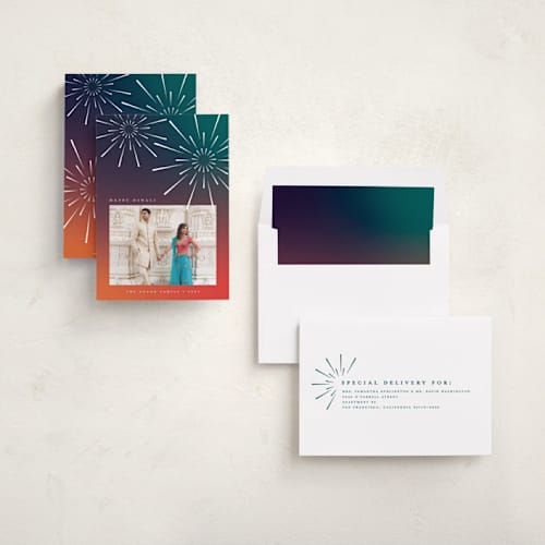 This is a sunset diwali cards with standard by Heather Schertzer called fireworks printing on recycled smooth signature in standard