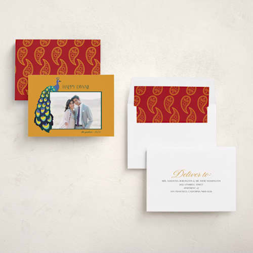 This is a turmeric diwali cards with standard by Morgan Kendall called peacock printing on recycled smooth signature in standard