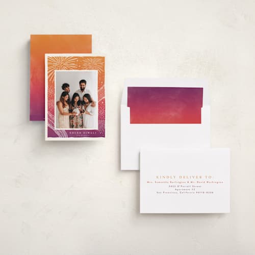 This is a sunset diwali cards with standard by Tamara Hilje called fireworks printing on recycled smooth signature in standard