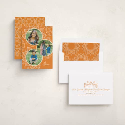 This is a mango diwali cards with standard by Creo Study called ornamental rangoli printing on recycled smooth signature in standard