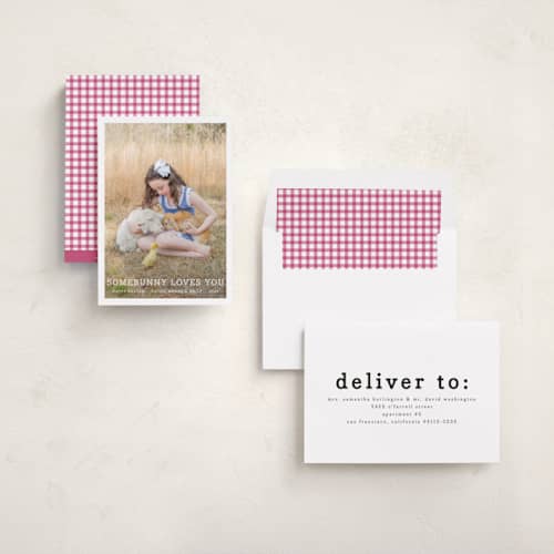 This is a pure white easter photo cards with standard by Megan Davis called somebunny loves you printing on recycled smooth signature in standard
