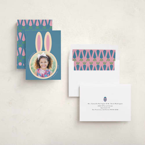 This is a cerulean easter photo cards with standard by Morgan Kendall called rabbit printing on recycled smooth signature in standard