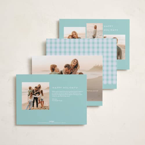 This is a aqua easter photo cards with standard by Sarah Cohn called easter plaid card printing on recycled smooth signature in standard