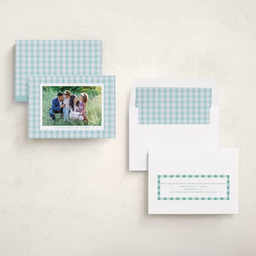 This is a aqua easter photo cards with standard by Sarah Cohn called easter plaid card printing on recycled smooth signature in standard