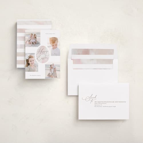 This is a pastel pink easter photo cards with standard by Hooray Creative called pastel egg printing on recycled smooth signature in standard
