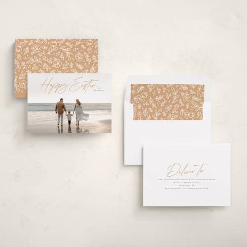 This is a yellow ochre easter photo cards with standard by Hooray Creative called casual script printing on recycled smooth signature in standard