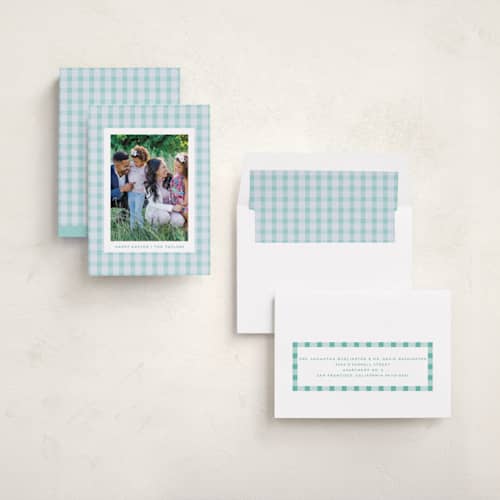 This is a aqua easter photo cards with standard by Sarah Cohn called easter plaid card printing on recycled smooth signature in standard