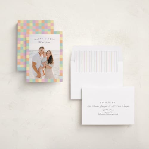 This is a rainbow easter photo cards with standard by Pixel and Hank called weave printing on recycled smooth signature in standard
