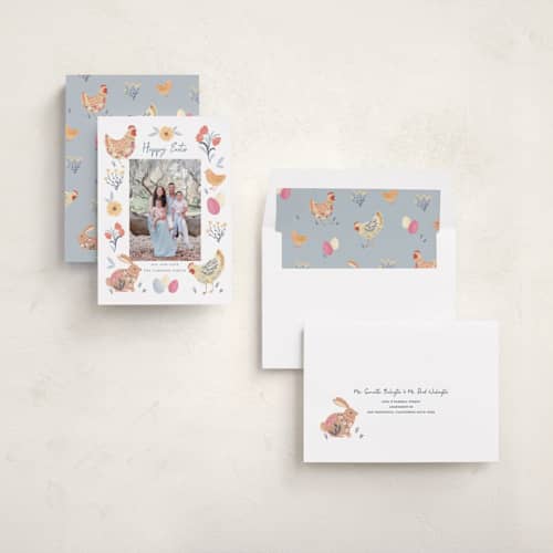 This is a speckled eggs easter photo cards with standard by Sarah Knight called blossom farm printing on recycled smooth signature in standard