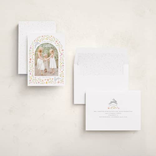 This is a peach easter photo cards with standard by Angela Thompson called blooming meadow printing on recycled smooth signature in standard