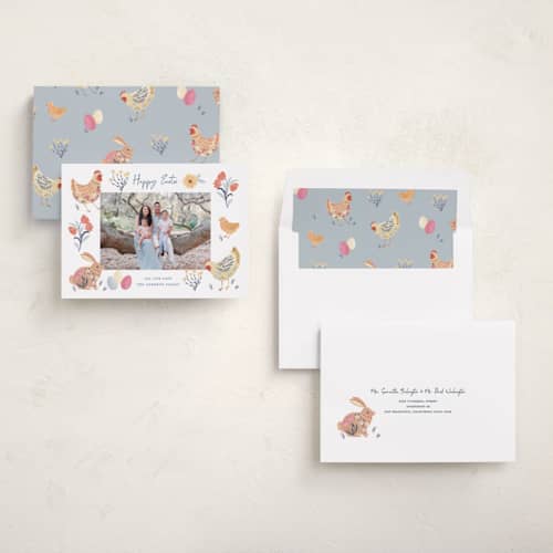 This is a speckled eggs easter photo cards with standard by Sarah Knight called blossom farm printing on recycled smooth signature in standard