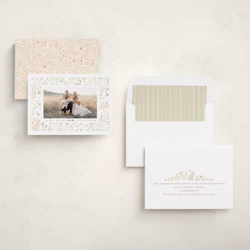 This is a just peachy easter photo cards with standard by Kamala Nahas called easter garden printing on recycled smooth signature in standard