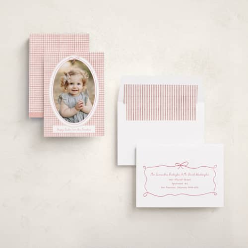 This is a peony easter photo cards with standard by Jenna Holcomb called gingham frame printing on recycled smooth signature in standard