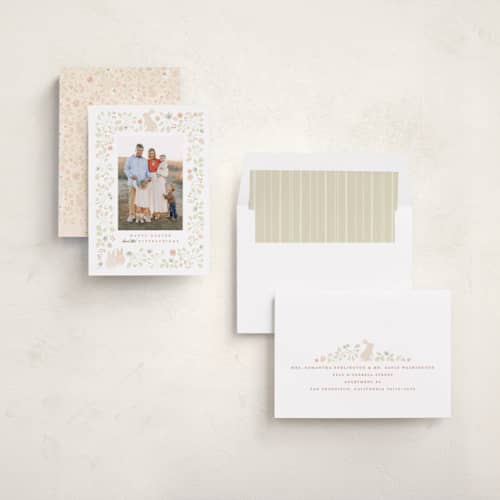 This is a just peachy easter photo cards with standard by Kamala Nahas called easter garden printing on recycled smooth signature in standard