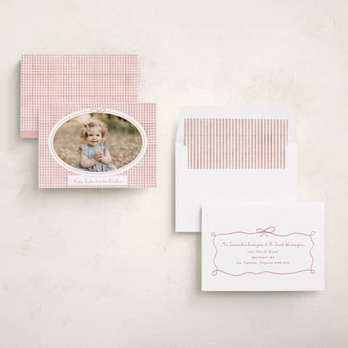 This is a peony easter photo cards with standard by Jenna Holcomb called gingham frame printing on recycled smooth signature in standard