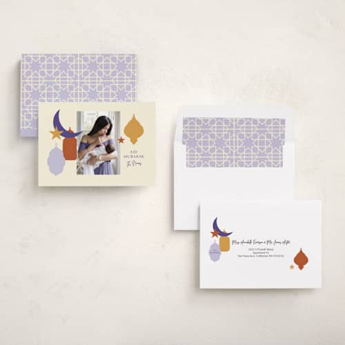 This is a periwinkle eid cards with standard by Inkblot Design called festive shapes printing on recycled smooth signature in standard