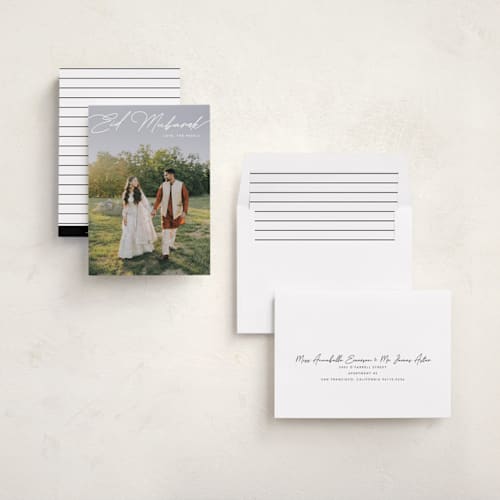 This is a snow eid cards with standard by Ellen Schlegelmilch called simple script printing on recycled smooth signature in standard