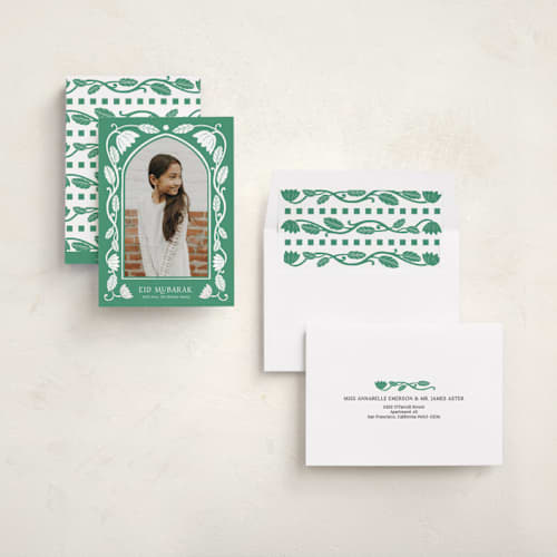 This is a emerald eid cards with standard by Inkblot Design called ornamental printing on recycled smooth signature in standard