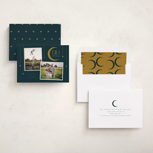 This is a deep sea eid cards with standard by Morgan Kendall called hanging stars printing on recycled smooth signature in standard