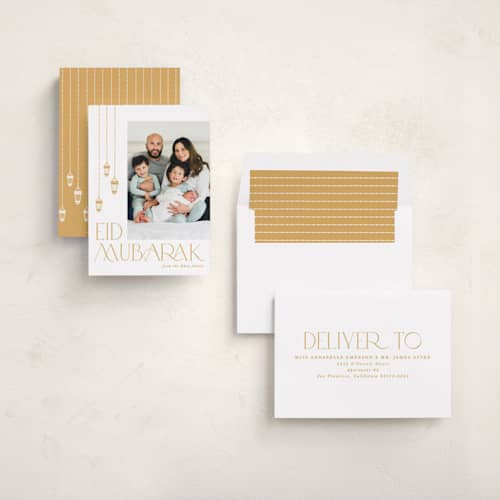 This is a mustard eid cards with standard by Creo Study called lantern chic printing on recycled smooth signature in standard