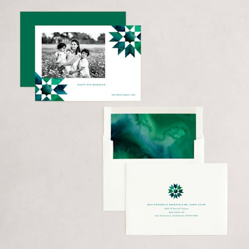 This is a aquamarine eid cards with standard by Sumak Studio called geometrical stars printing on recycled smooth signature in standard