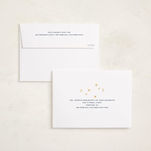 This is a navy eid cards with standard by Erum Khalili Art called eid joy - lanterns, moon & mosque printing on signature in standard