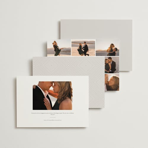 This is a tan engagement party invitations with standard by chocomocacino called nocturne printing on signature in standard