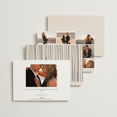 This is a creme engagement party invitations with standard by Anastasia Makarova called cheers to a happy couple printing on signature in standard