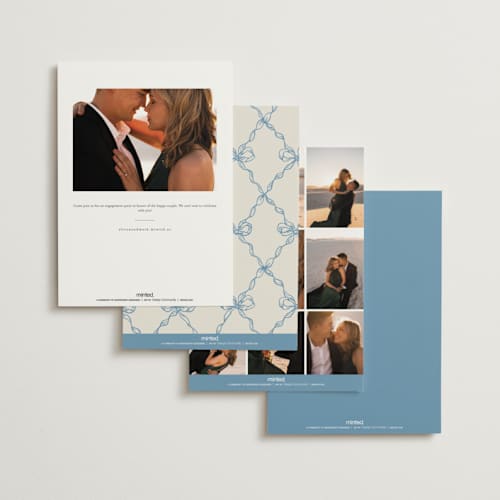 This is a dusty blue engagement party invitations with standard by Cass Loh called ribbon bow drawing printing on signature in standard