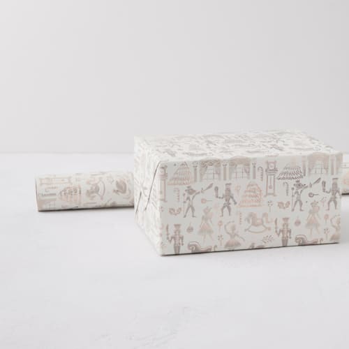 This is a tinsel wrapping paper by Teju Reval called linocut nutcracker in standard