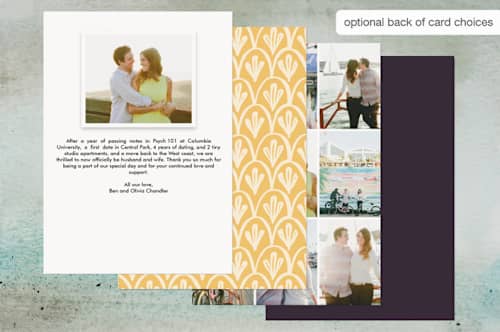 This is a gold wedding announcements with foil pressed by Rebecca Daublin called married script printing on recycled smooth signature in standard