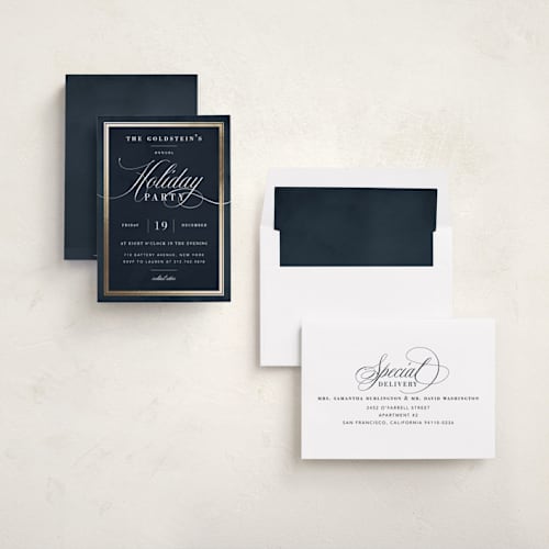 This is a midnight holiday party invitations with foil pressed by Jennifer Lew called refinement printing on signature in standard