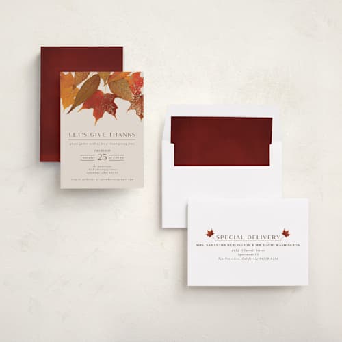 This is a spice holiday party invitations with foil pressed by Heather Schertzer called gilded autumn leaves printing on signature in standard