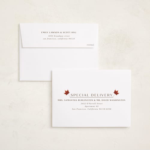 This is a spice holiday party invitations with foil pressed by Heather Schertzer called gilded autumn leaves printing on signature in standard