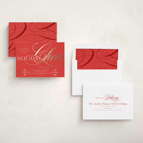 This is a holly berry holiday party invitations with foil pressed by Melanie Kosuge called joy flourish printing on signature in standard