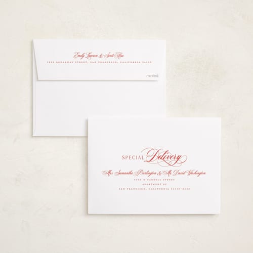 This is a holly berry holiday party invitations with foil pressed by Melanie Kosuge called joy flourish printing on signature in standard