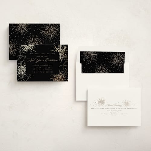 This is a eclipse holiday party invitations with foil pressed by Everett Paper Goods called firecracker delight printing on signature in standard