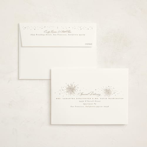 This is a eclipse holiday party invitations with foil pressed by Everett Paper Goods called firecracker delight printing on signature in standard