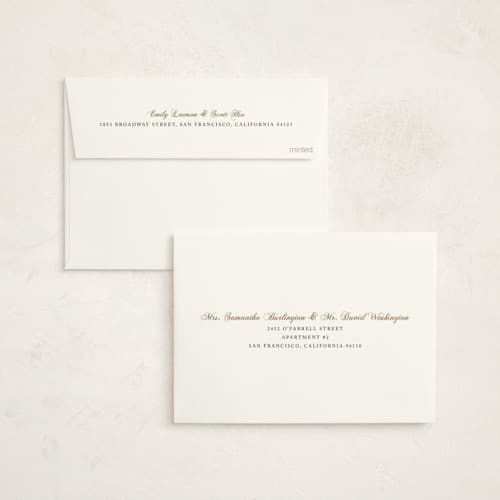This is a cream holiday party invitations with foil pressed by mo kelley called champagne flute printing on signature in standard