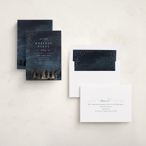 This is a night holiday party invitations with foil pressed by AK Graphics called frosted wonderland printing on signature in standard