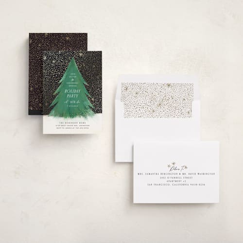 This is a night sky holiday party invitations with foil pressed by Julie Murray called snowfall printing on signature in standard
