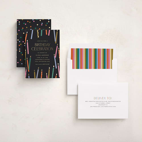 This is a midnight holiday party invitations with foil pressed by Ellen Schlegelmilch called scattered candles printing on signature in standard