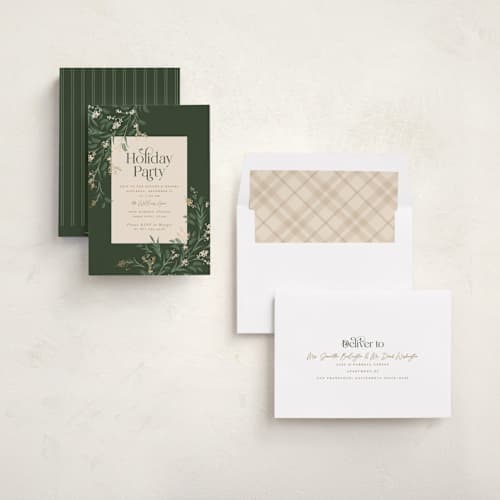 This is a pine holiday party invitations with foil pressed by Robert and Stella called draped garland printing on signature in standard